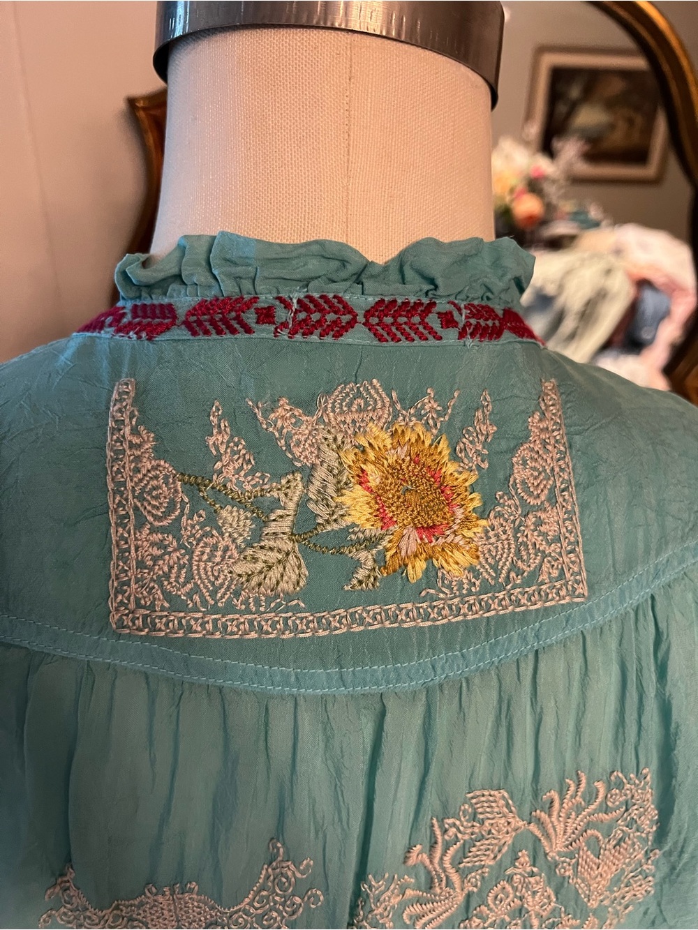 Johnny Was Embroidered silk Turquoise Floral Button-Front Women's Top - Picture 10 of 16